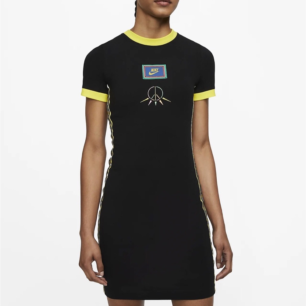 Nike Casual/T-Shirt Black Short Sleeve Dress With Crew Neck & Yellow Piping - Picture 1 of 8